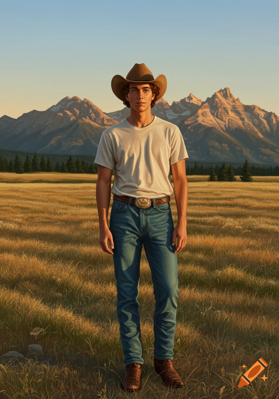Photorealistic image of a young cowboy standing in a sunlit golden field with mountains in the background.