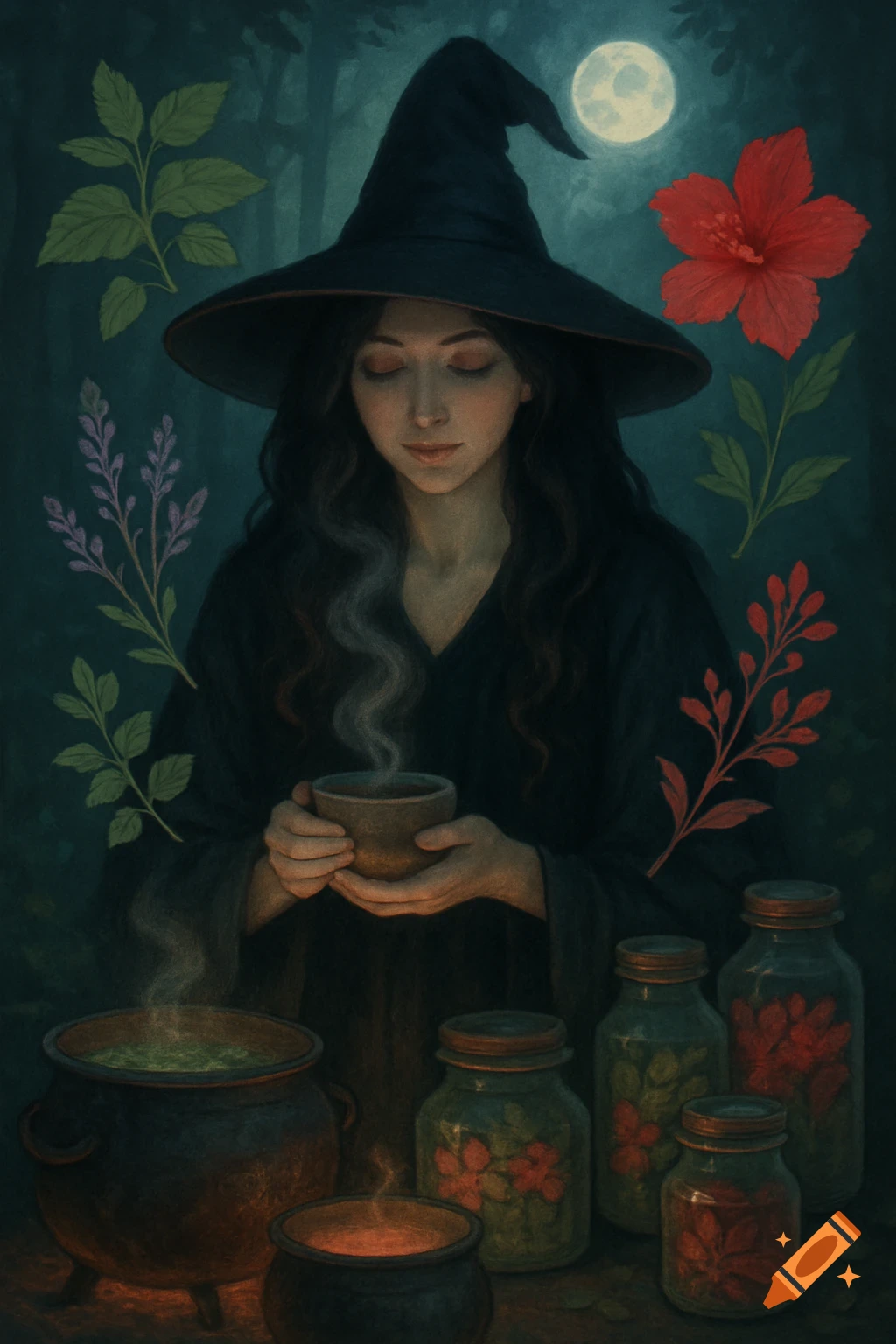 Dark fantasy illustration of a witch in a black hat holding a steaming cup, surrounded by herbs, cauldrons, and jars under a full moon.