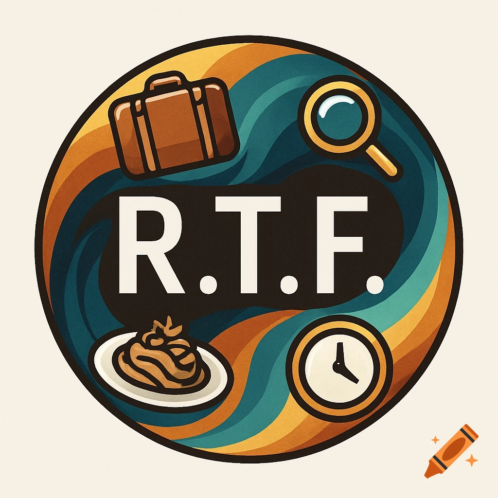 A circular logo featuring initials R.T.F. with icons for travel (suitcase), food (plate), reviews (magnifying glass), and daily life (clock) on a wavy background.