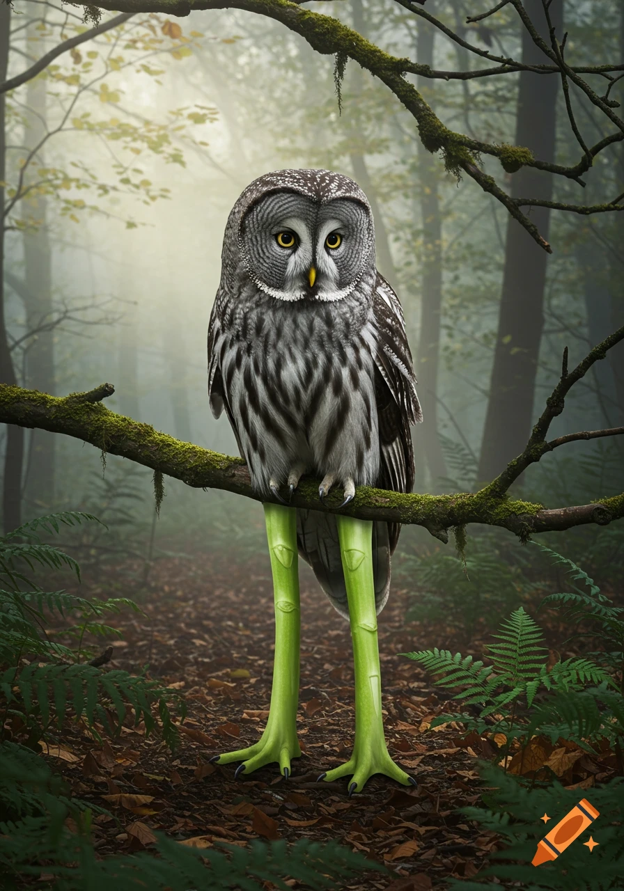 A photorealistic owl with long, green broccolini for legs, perched on a moss-covered branch in a misty forest.
