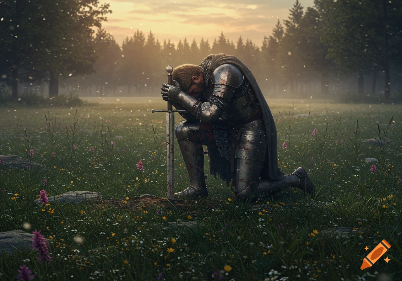Realistic sad knight in armor kneeling with a sword in a flowery meadow at sunset.