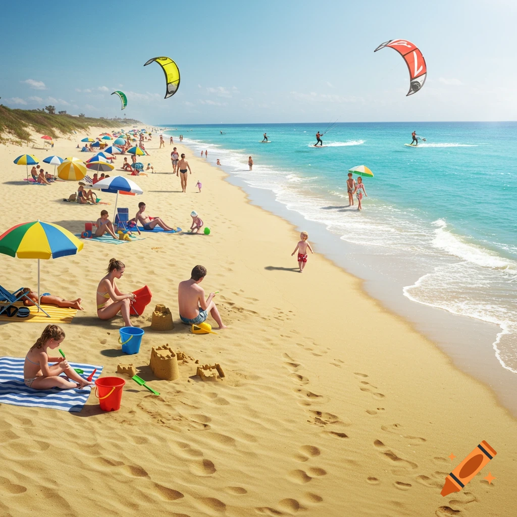 Photorealistic image of a crowded sandy beach with people, umbrellas, and kitesurfers on the bright blue ocean under a clear sky.