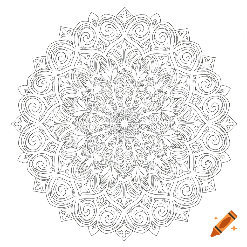 Intricate black and white line art mandala pattern for coloring.