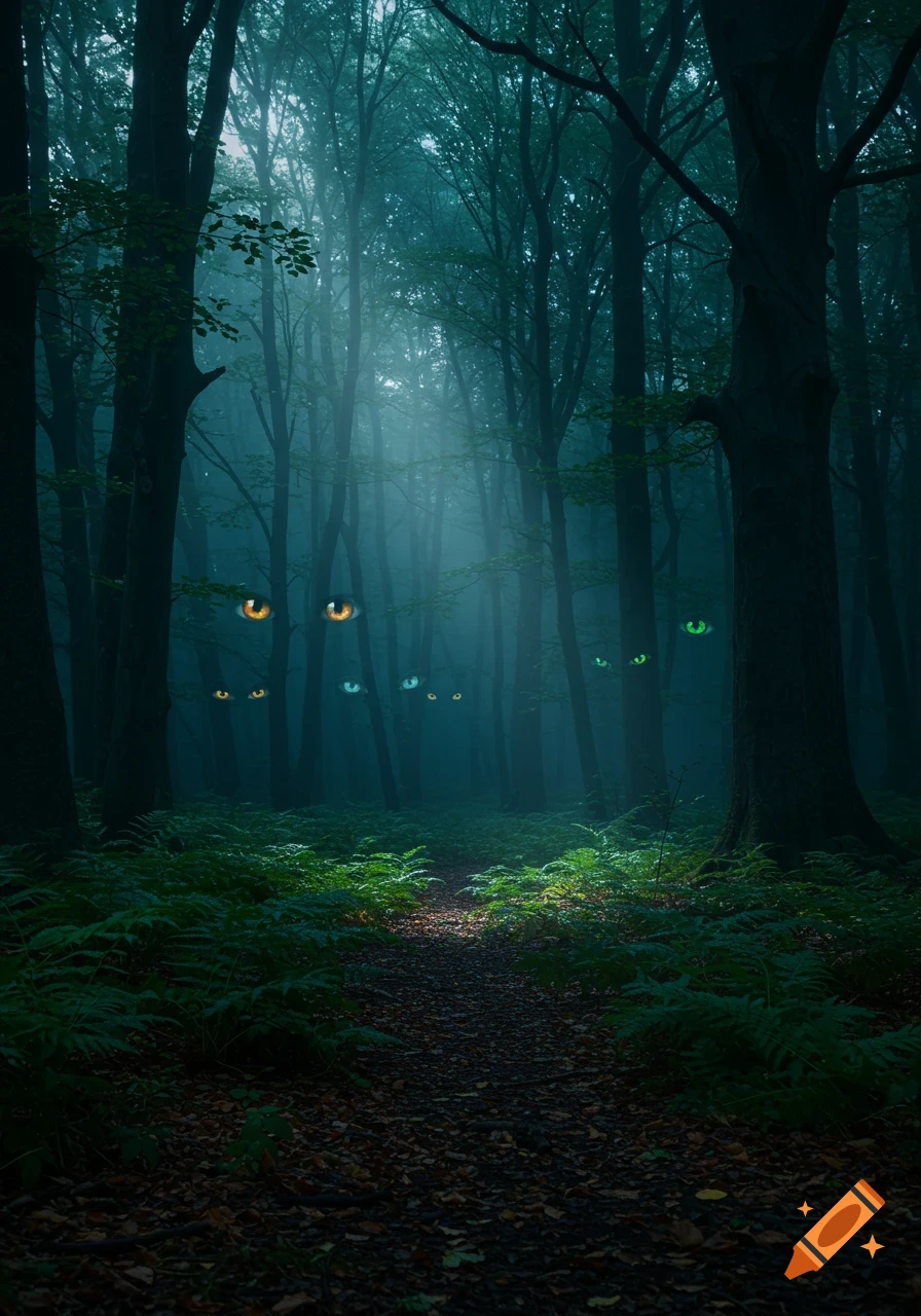 Dark, misty forest path with many pairs of glowing eyes peering from the trees.