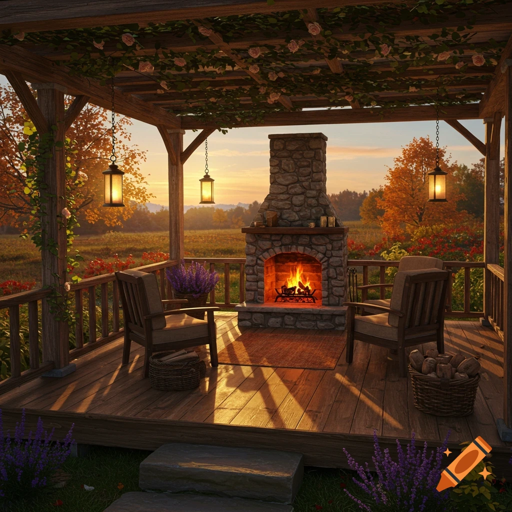 Photorealistic image of a cozy back porch with a stone fireplace, hanging lanterns, and chairs, set against an autumn sunset.