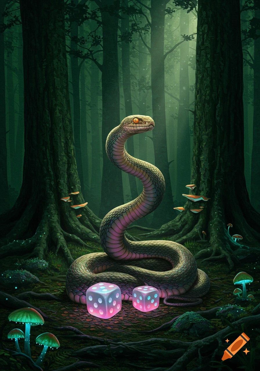 A tall snake with glowing eyes stands coiled in a magical, dark forest, with two glowing pink and blue dice on the mossy ground.