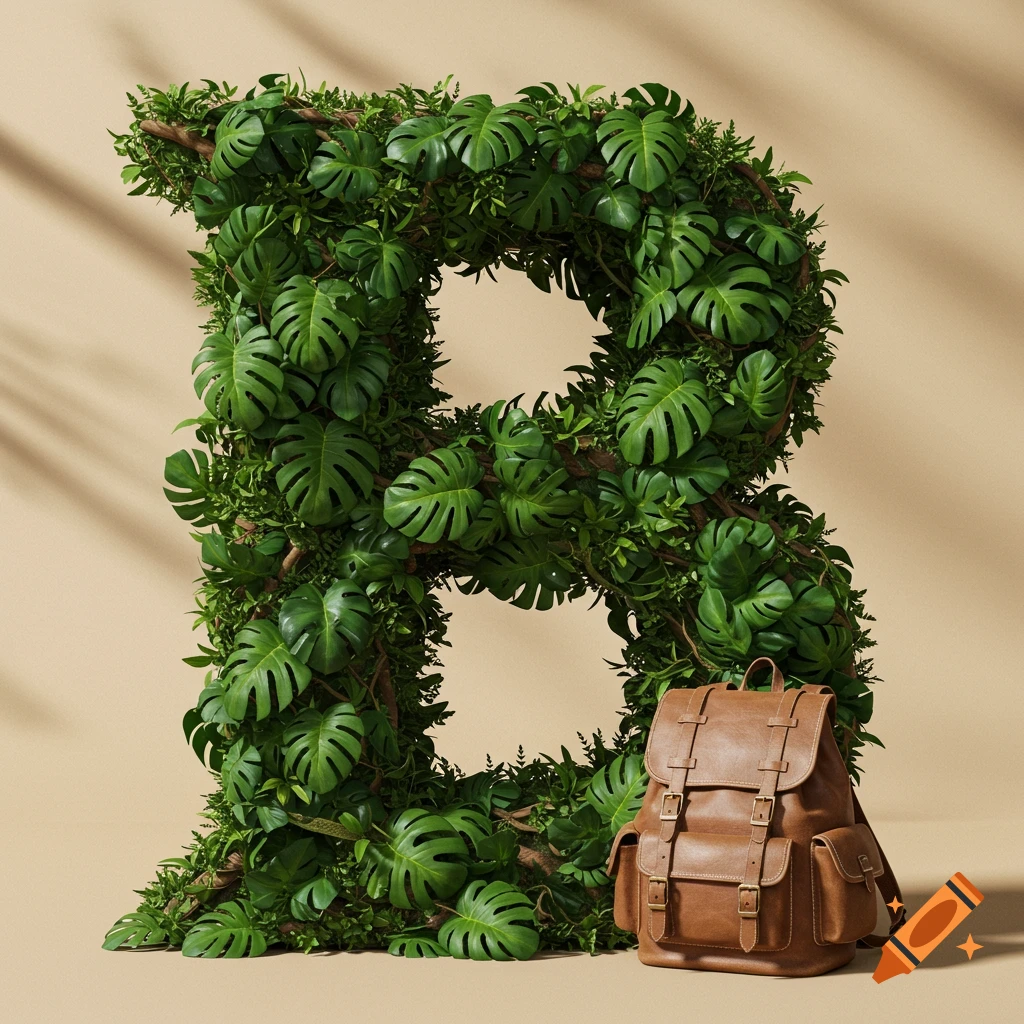 A large letter B made of lush green monstera leaves next to a brown leather backpack on a beige background.