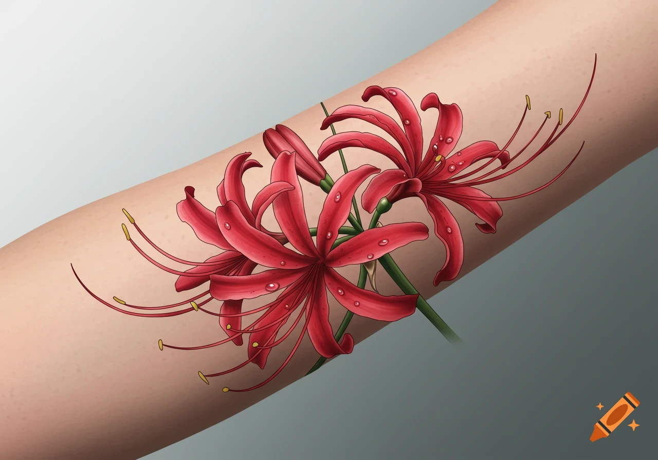 A vibrant red spider lily tattoo with water droplets on a person's arm.