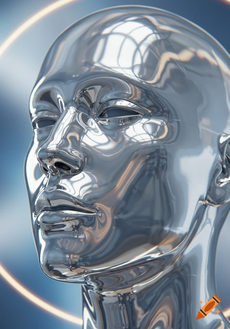 A highly reflective chrome metallic face in a 3/4 profile, looking down, against a soft blue background with a glowing ring.