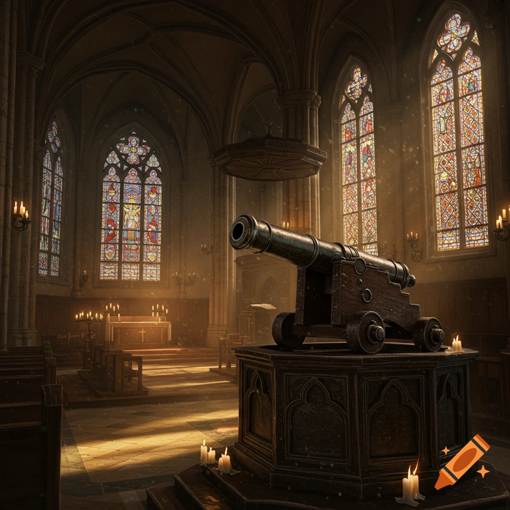 A photorealistic image of a cannon on a pedestal inside a gothic church, with stained glass windows and lit candles.