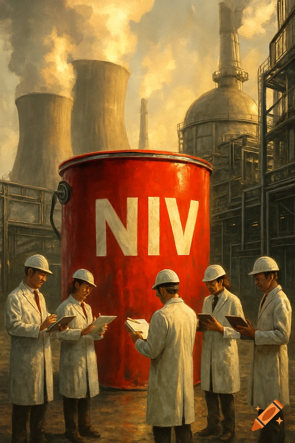 A painted scene of engineers in white coats and hard hats inspecting a giant red barrel labeled "NIV" in front of a factory with cooling towers.