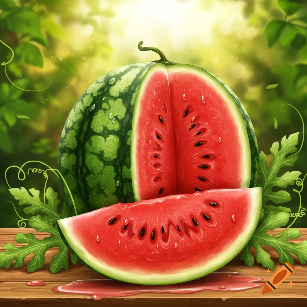 Vibrant red watermelon, halved and sliced, with a whole one behind, sits on a wet wooden table amidst green leaves.