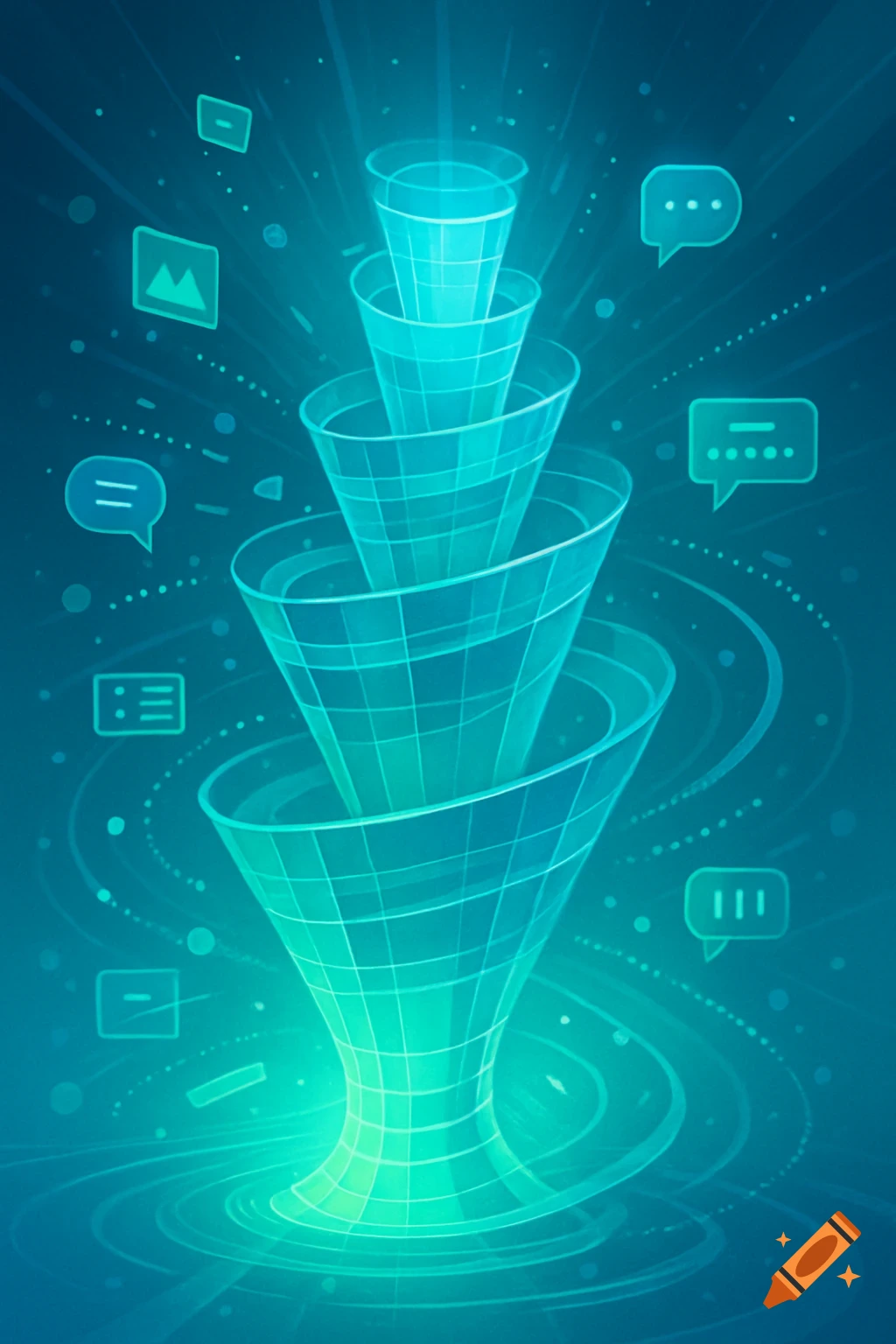 Abstract glowing blue and teal marketing funnel illustration with digital icons.