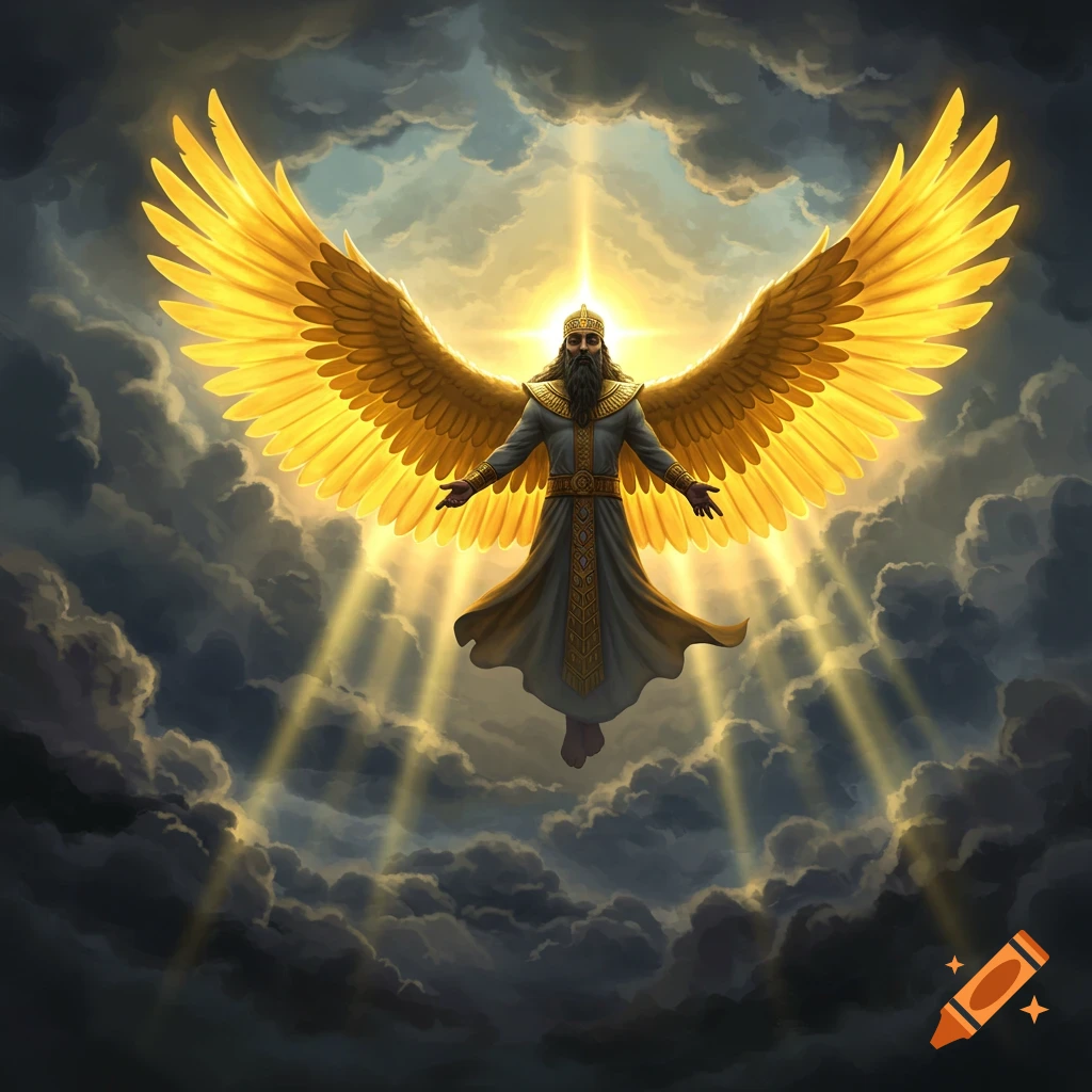 A majestic winged figure with golden wings, a beard, and a crown floats in a dramatic, cloud-filled sky with bright light rays.