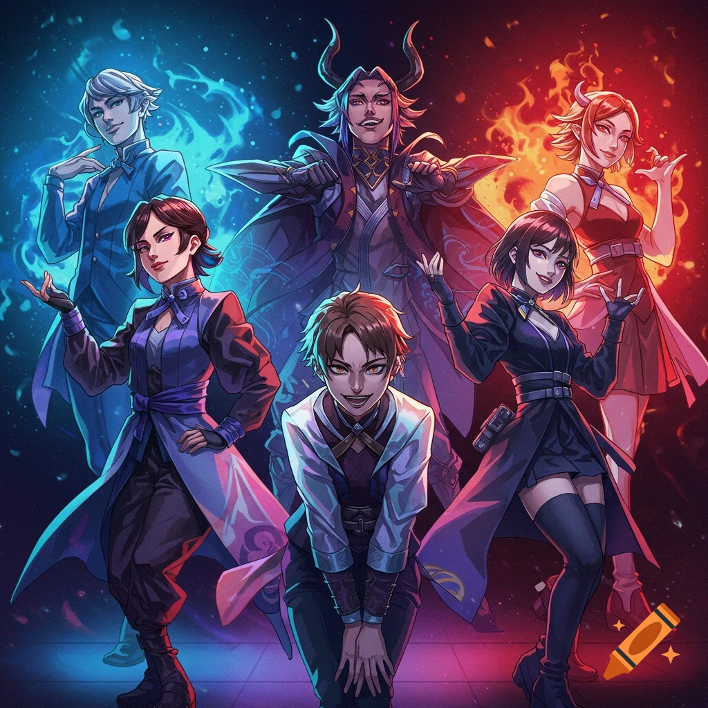 Anime group of six expressive K-pop style demon hunter characters against a blue and red glowing background.
