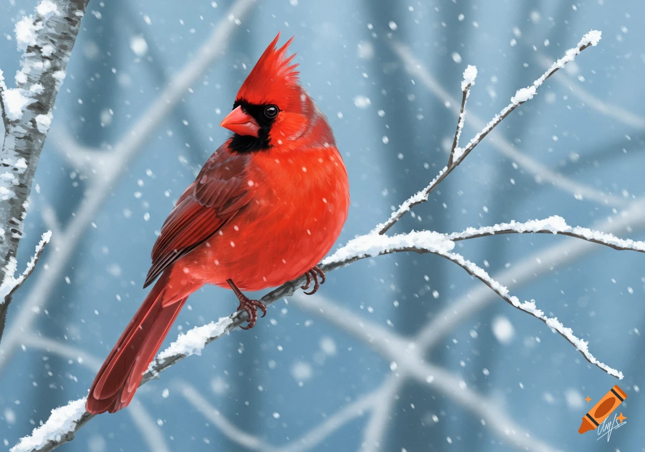 A vibrant red cardinal bird perches on a snow-covered branch amidst falling snow, against a soft blue background.