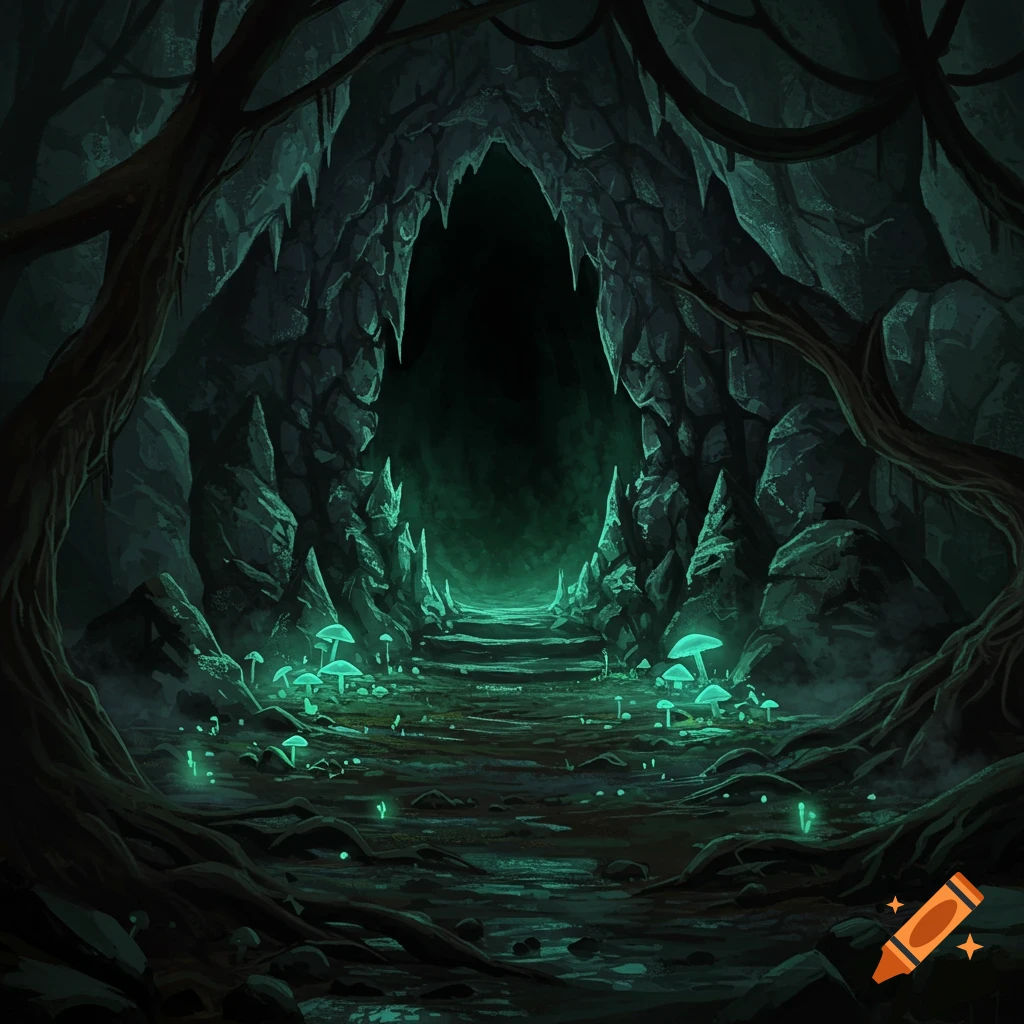 Dark, eerie cavern interior with glowing teal mushrooms, stalactites, and gnarled roots, leading to a shadowy passage.