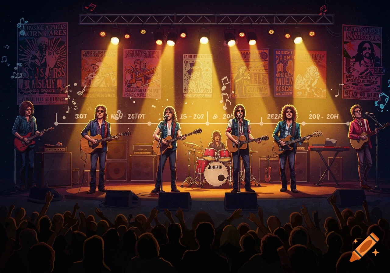 An illustration of a rock band performing on stage under spotlights, with a silhouetted audience and concert posters in the background.