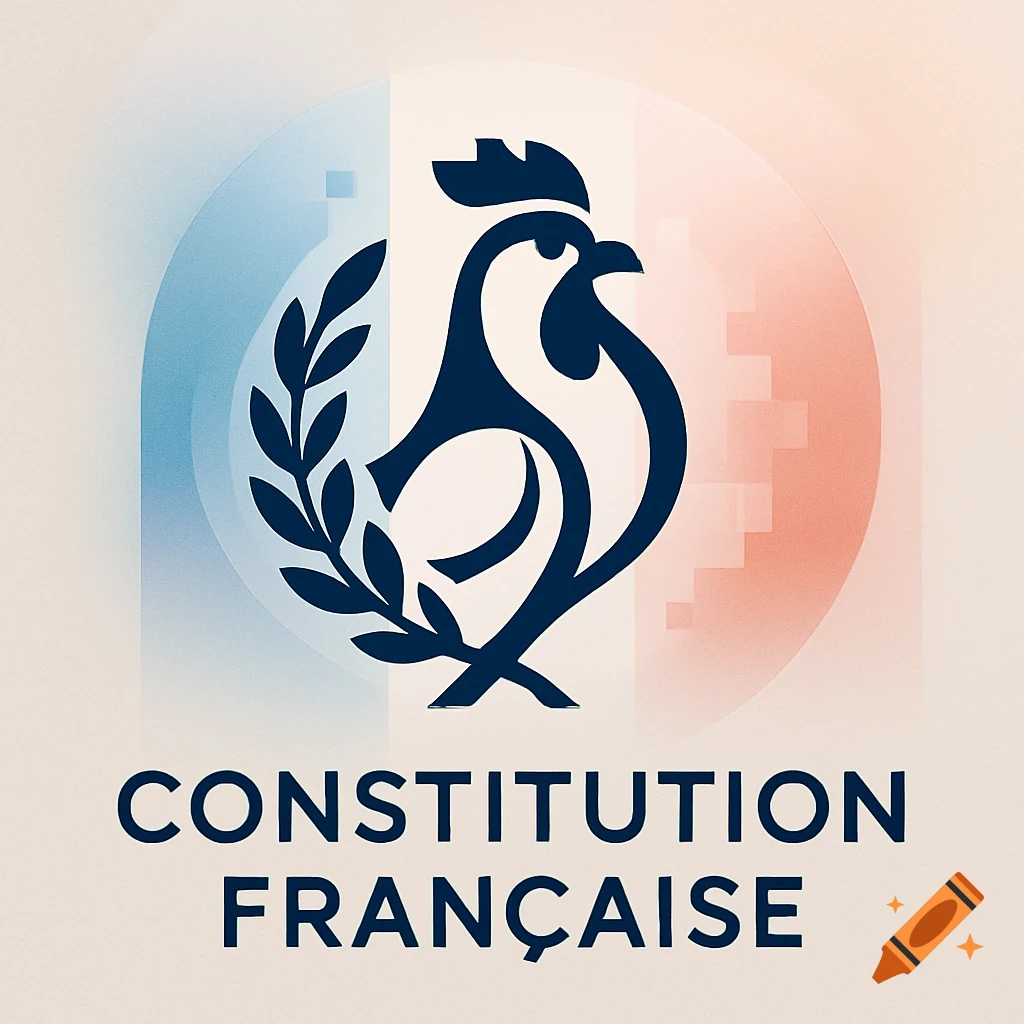 Stylized blue rooster logo with a laurel branch and 'CONSTITUTION FRAN\u00c7AISE' text, set against a French flag-colored background.