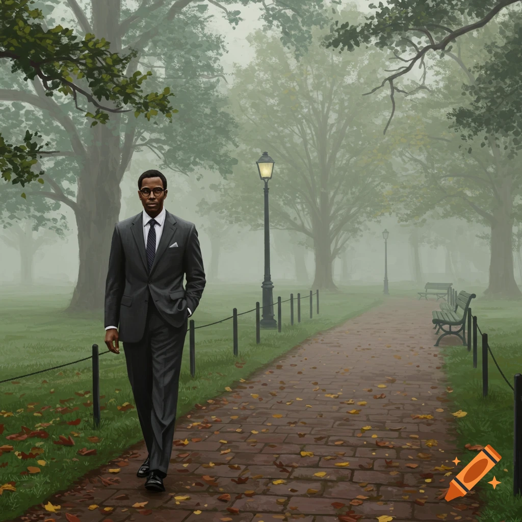 An illustration of a man in a dark suit and glasses walking on a brick path through a misty park with trees and lampposts.
