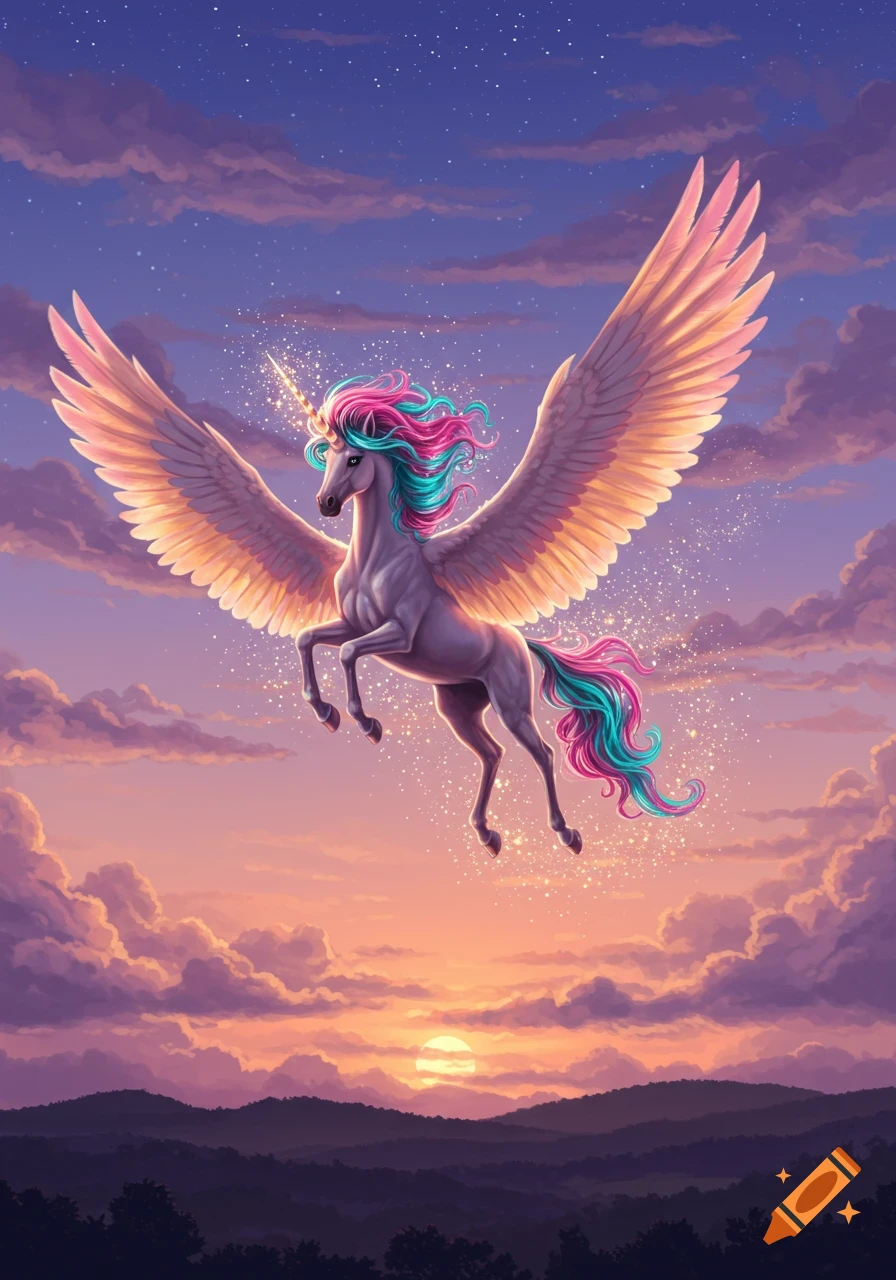 A majestic gray unicorn with vibrant pink and teal mane flies through a sparkling sunset sky above mountains.