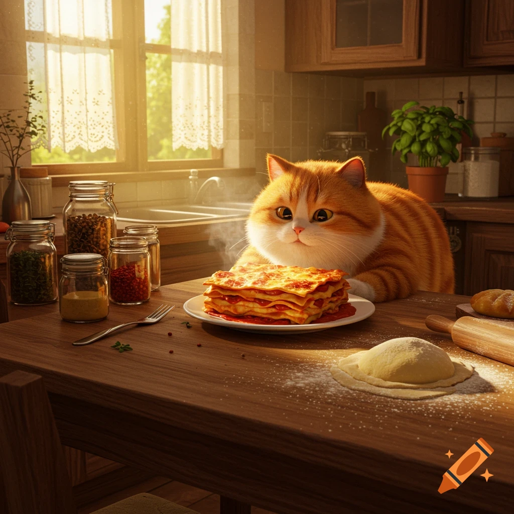 A chubby orange and white cat sits on a wooden kitchen counter next to a steaming plate of lasagna, bathed in warm sunlight.