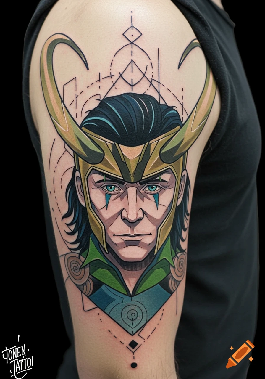 Colorful geometric tattoo of Loki's face with golden horns and green costume on a person's upper arm.