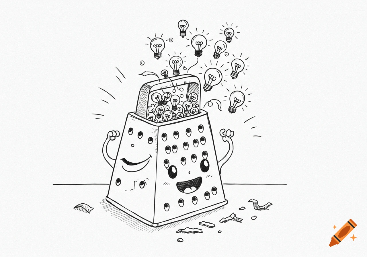 Whimsical cartoon doodle pencil sketch of a happy cheese grater filled with glowing lightbulbs representing ideas.