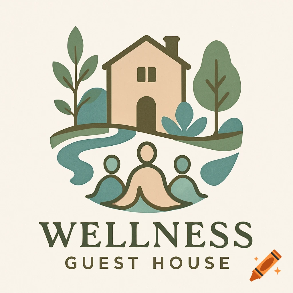 Flat illustration logo for Wellness Guest House with a house, trees, river, and meditating figures.