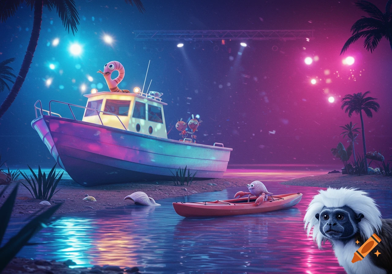 Cartoon cotton-top tamarin looks at a lagoon with a crab in a kayak, a boat with a worm and two creatures, all bathed in neon disco lights at night.