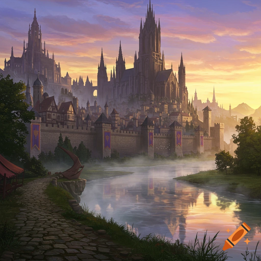 A stunning fantasy city with gothic architecture and fortified walls, situated by a tranquil river at sunset, reflecting the vibrant sky.