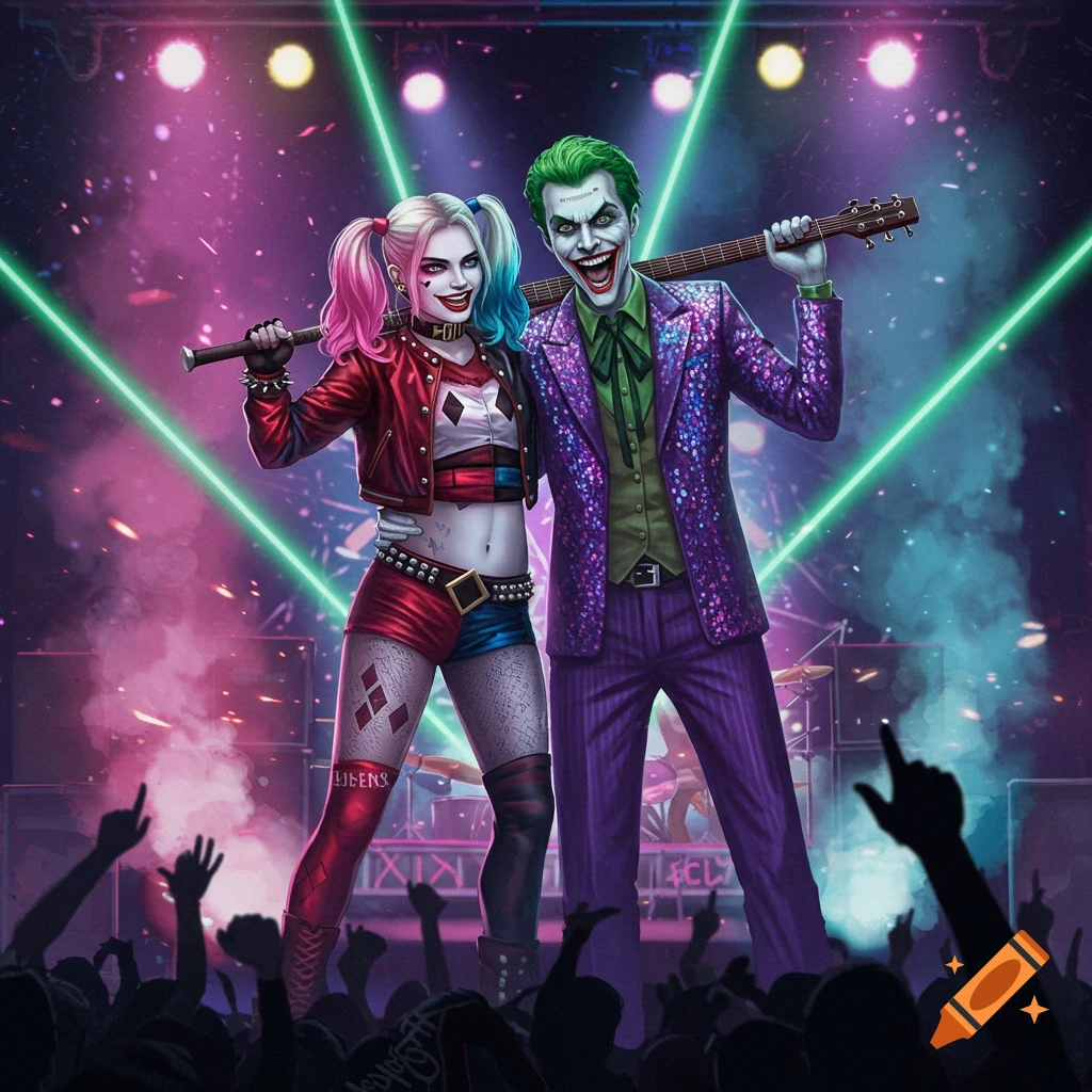 Harley Quinn and Joker rock out on stage with instruments, green lasers, and spotlights for a cheering crowd in a vibrant illustration.