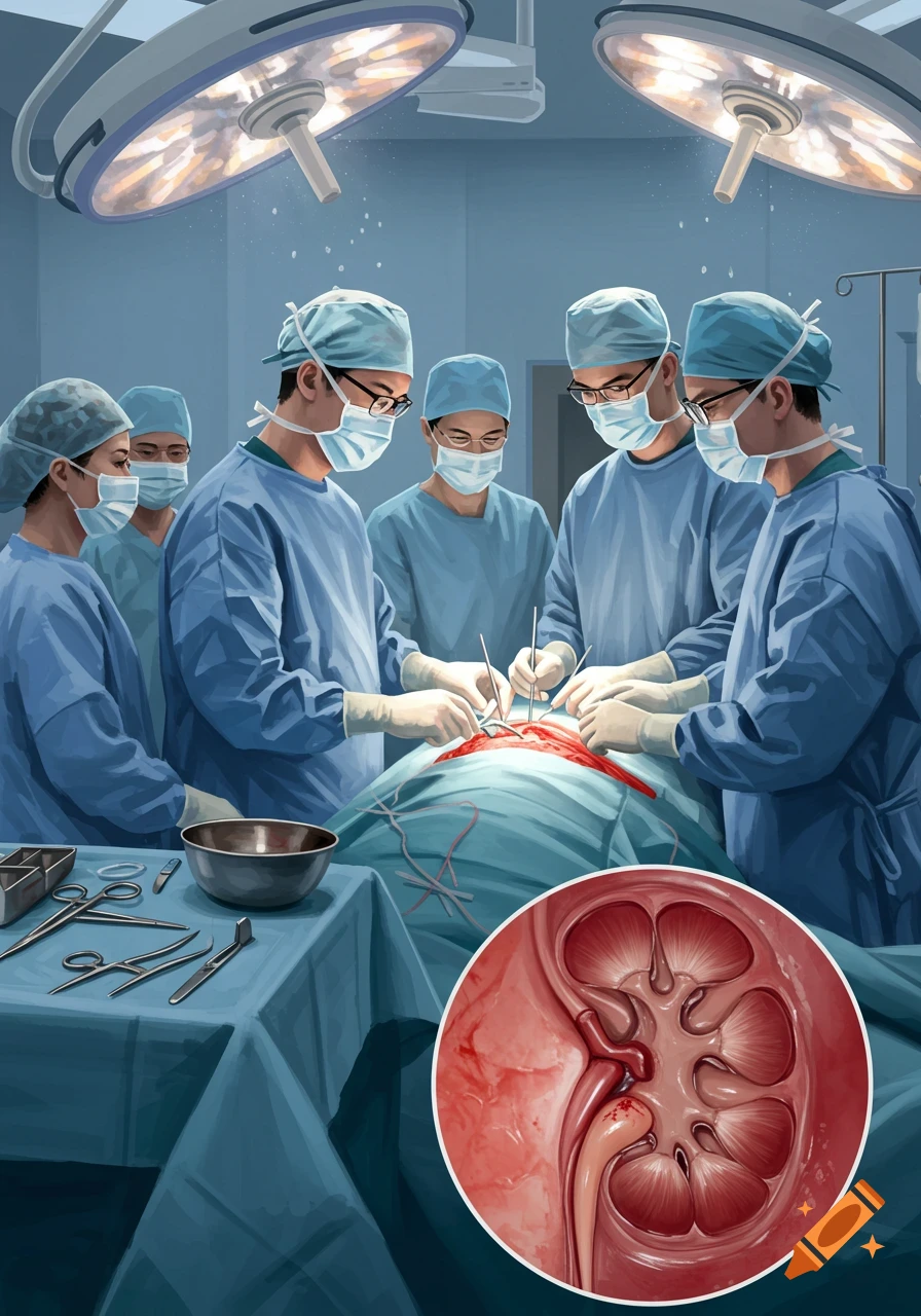 Illustration of surgeons performing a kidney transplant in an operating room, with a detailed inset of a kidney's anatomy.