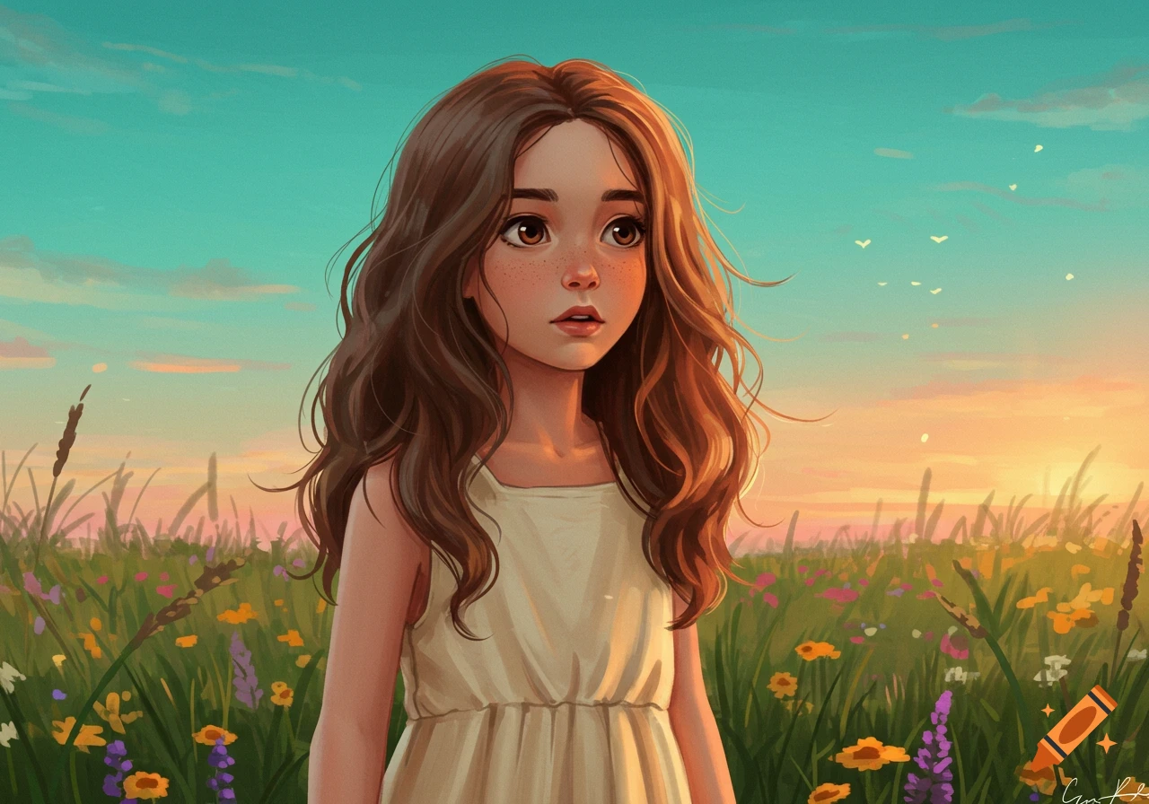 Digital painting of a young girl with long brown hair and freckles in a sunlit field of wildflowers at sunset.
