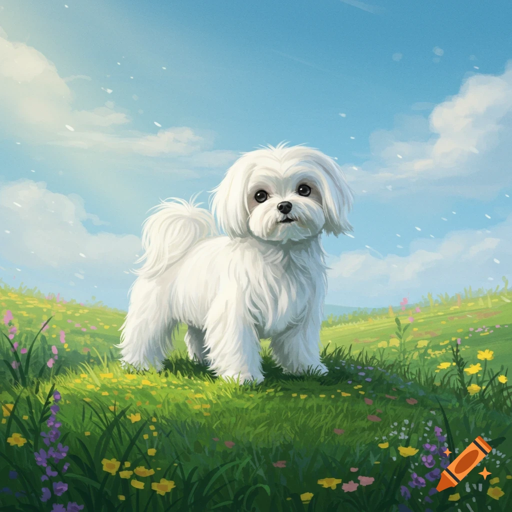 A white Maltese dog stands in a green field with colorful wildflowers under a blue sky, in a digital painting style.