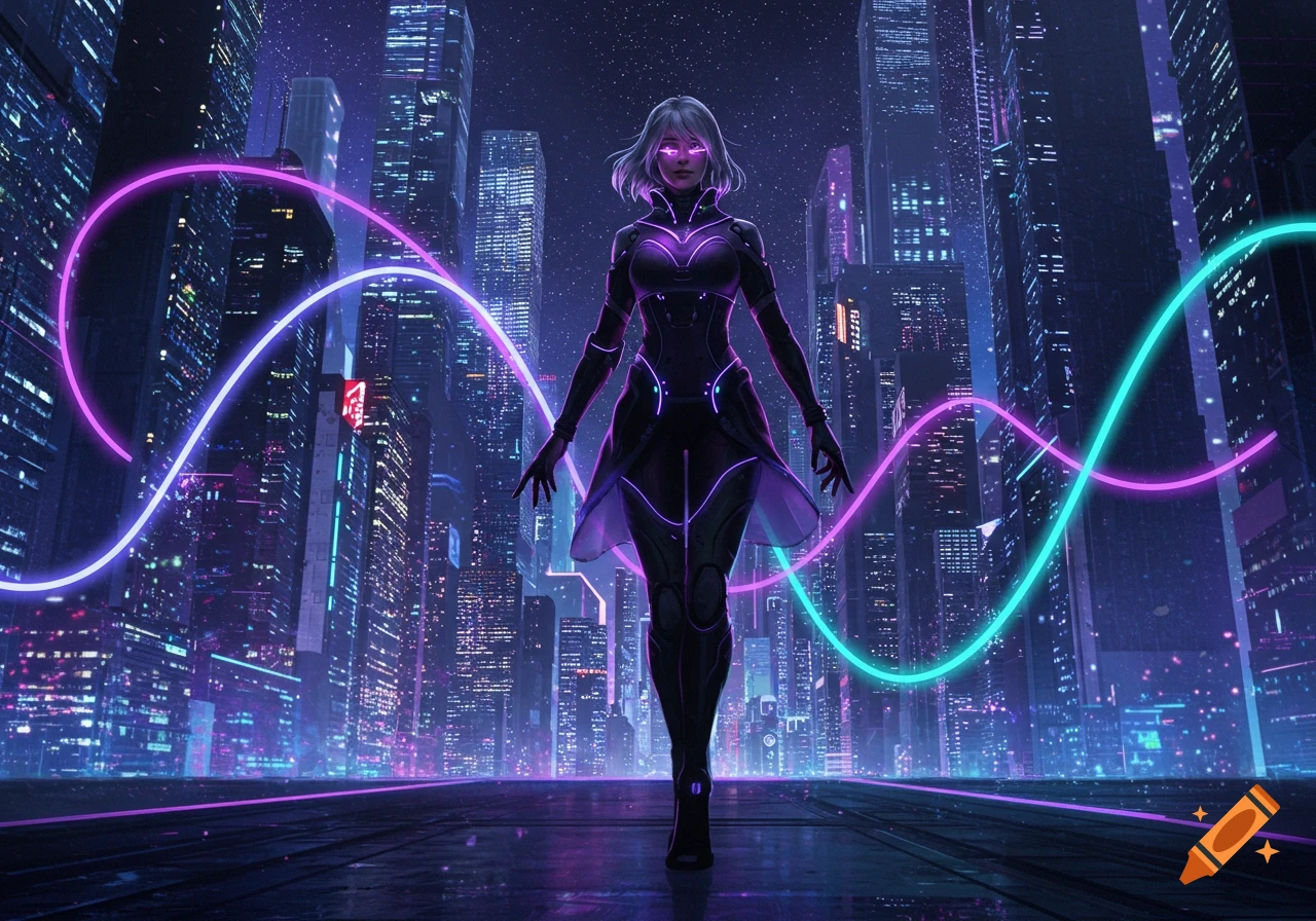 A futuristic woman in a glowing suit stands in a neon-lit cyberpunk city, with swirling pink and teal light trails.