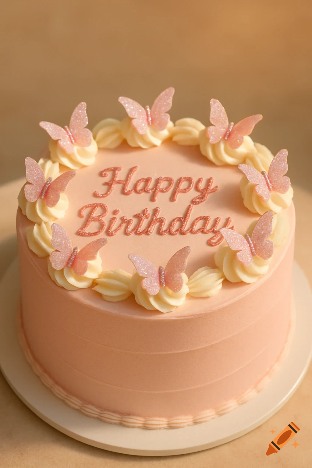 A pink birthday cake decorated with white cream swirls, pink glitter butterflies, and 'Happy Birthday' in glittery pink text.