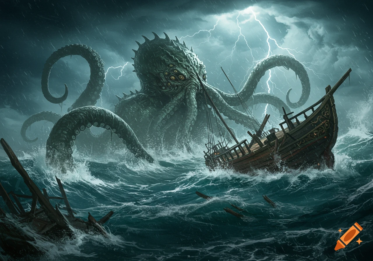 A huge, multi-eyed kraken monster attacks a wooden ship in a dark, stormy sea with lightning. Detailed fantasy illustration.