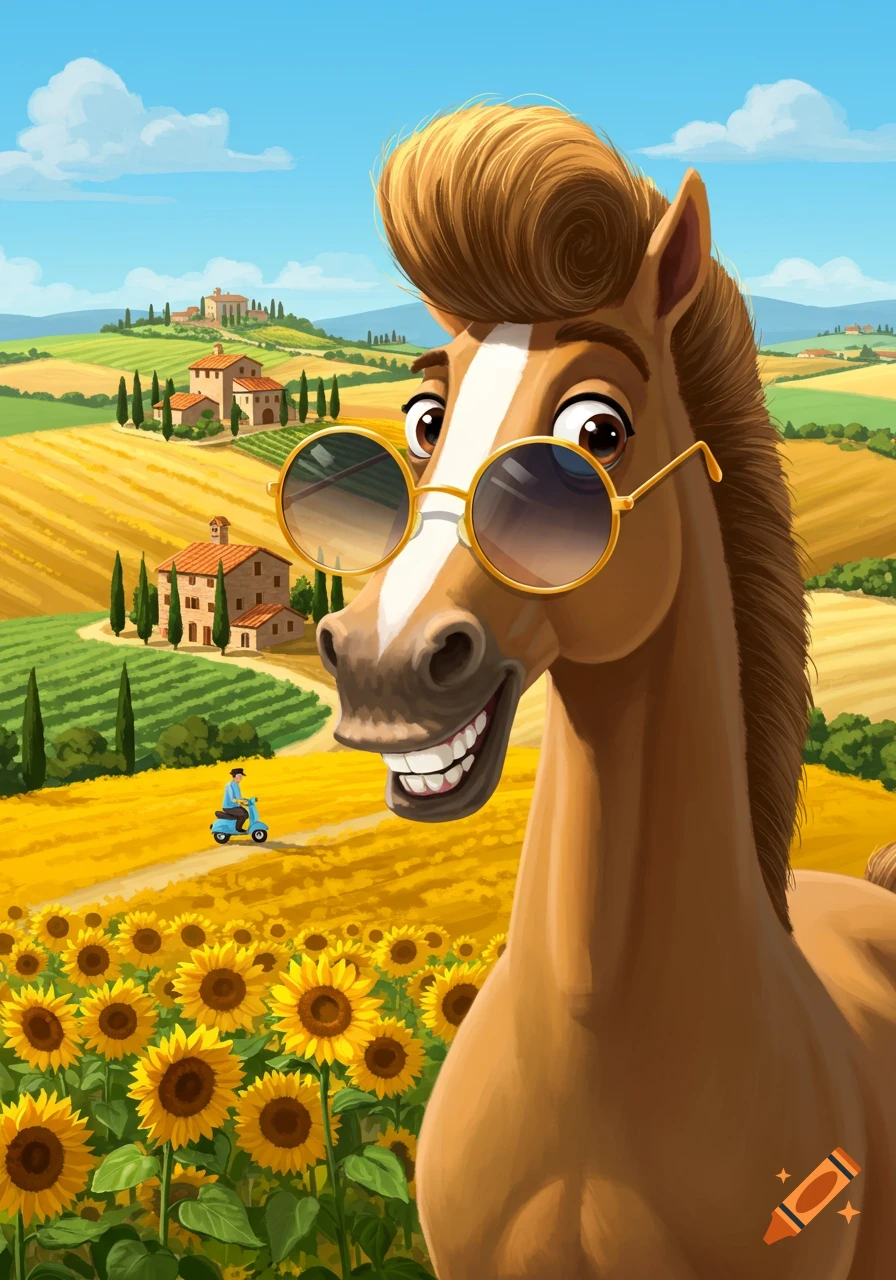 A grinning cartoon horse with a pompadour and round sunglasses in a sunflower field, with a person on a scooter and Italian countryside in the background.