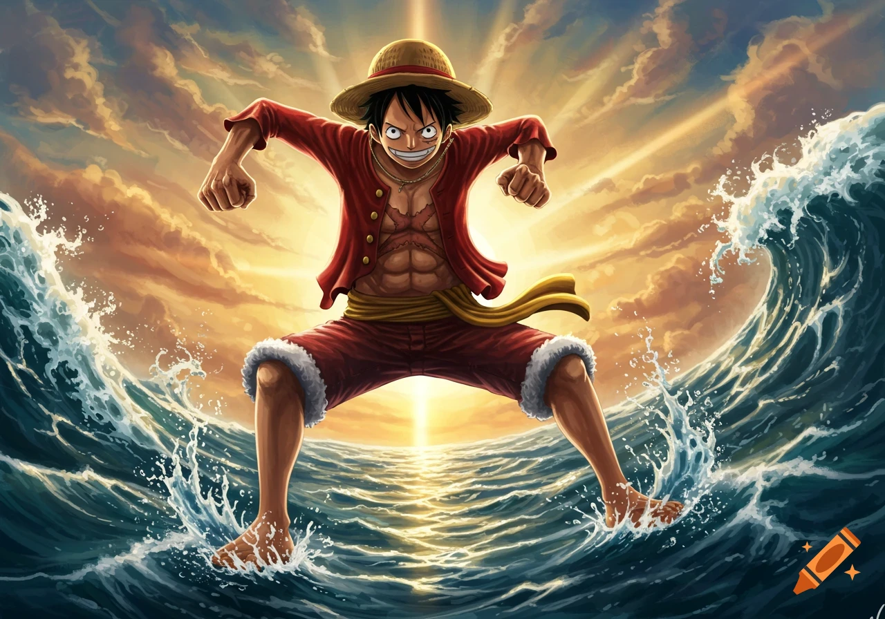 Luffy from One Piece in a red shirt and straw hat, standing powerfully in ocean waves at sunset, anime style.