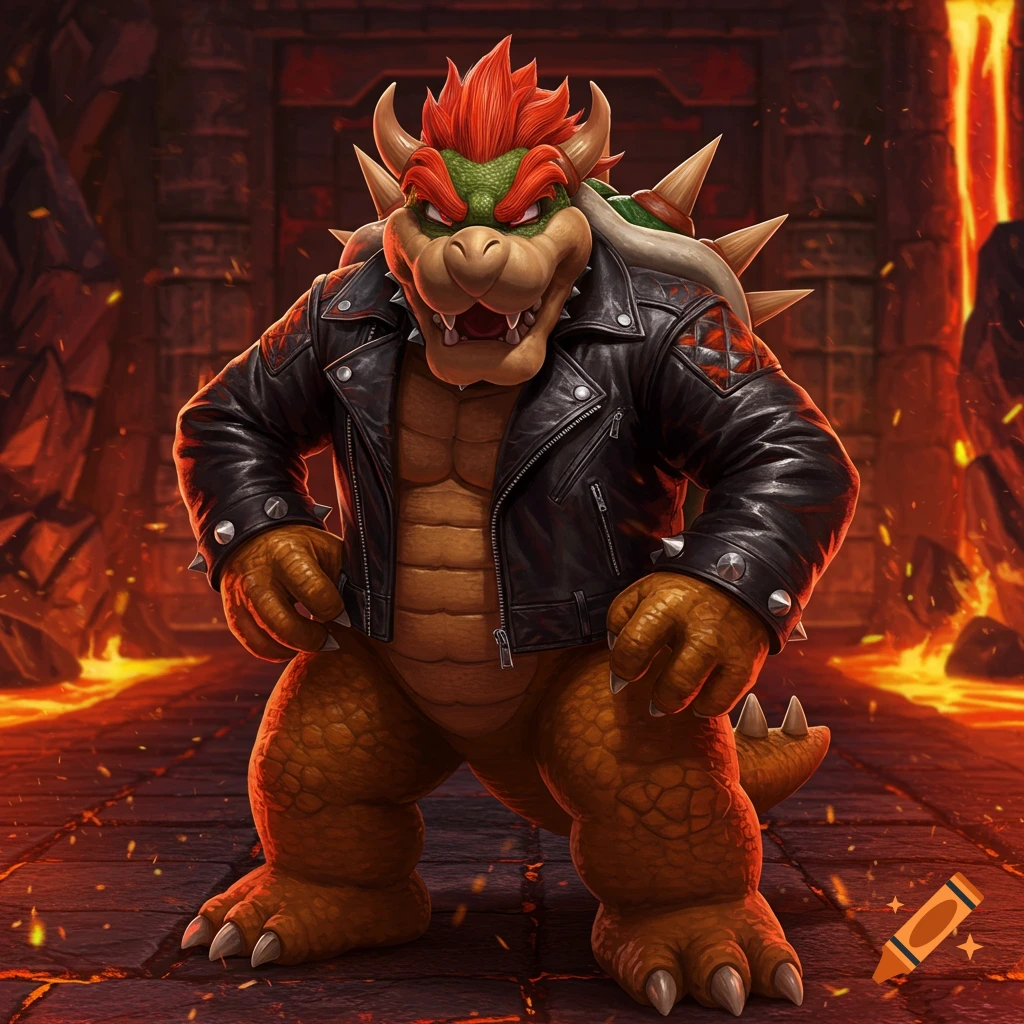 Bowser, the large reptilian character, stands defiantly in a black leather jacket in a lava-filled dungeon.