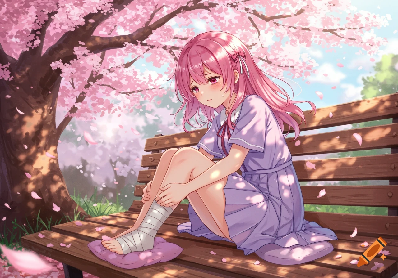 An anime girl with pink hair sits sadly on a park bench under a cherry blossom tree, her left ankle bandaged.