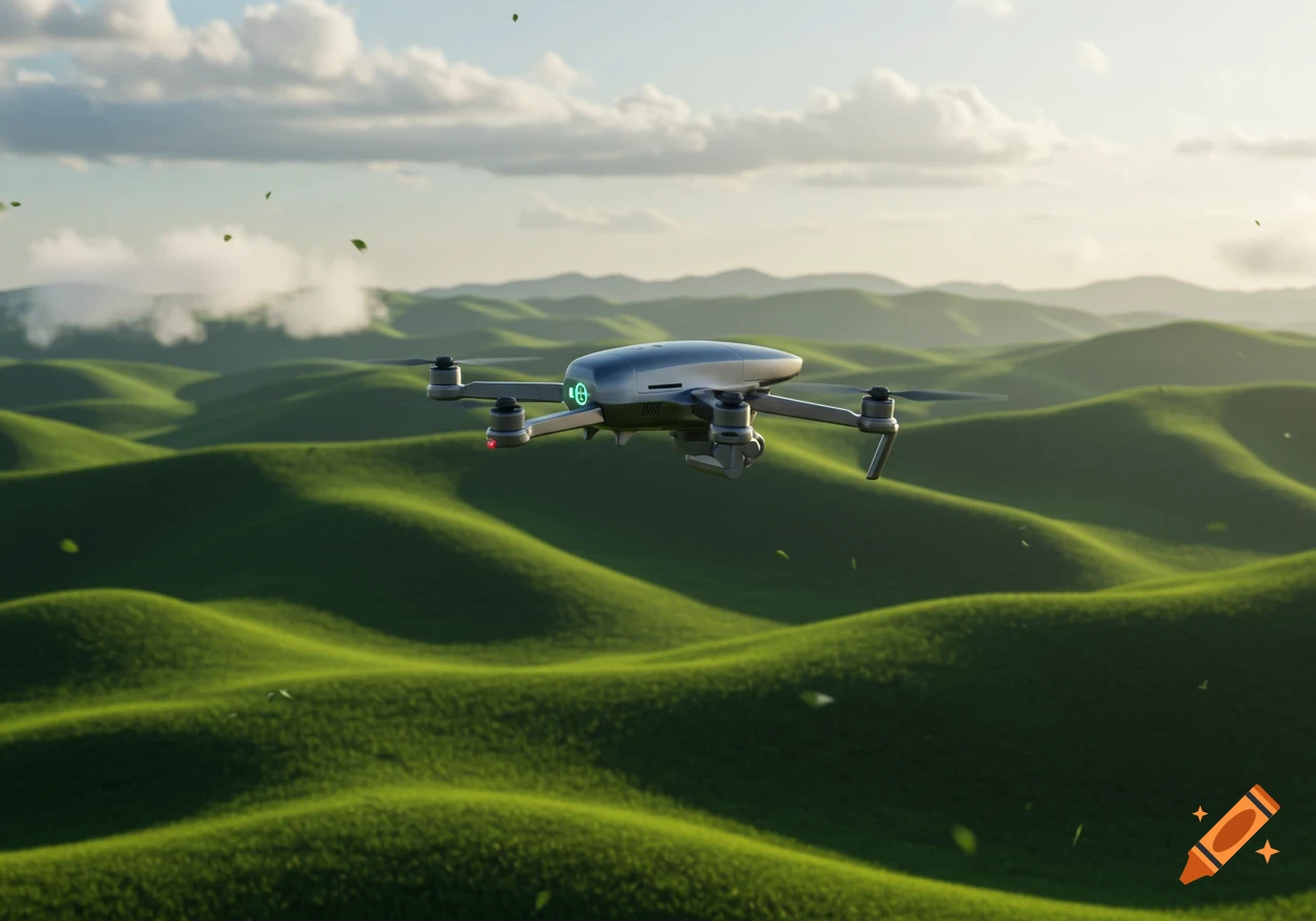 Photorealistic drone flying over rolling green hills under a partly cloudy sky.