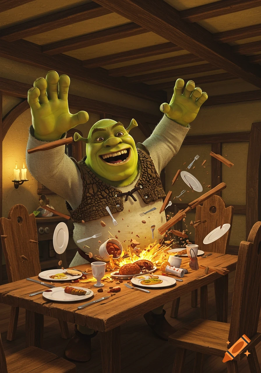 Shrek, a green ogre, gleefully smashes a wooden dining table, scattering food and dishes in a rustic room.