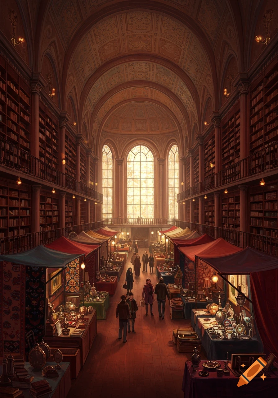 A grand library hall with towering bookshelves, arched windows, and a bustling antique market with stalls and people.