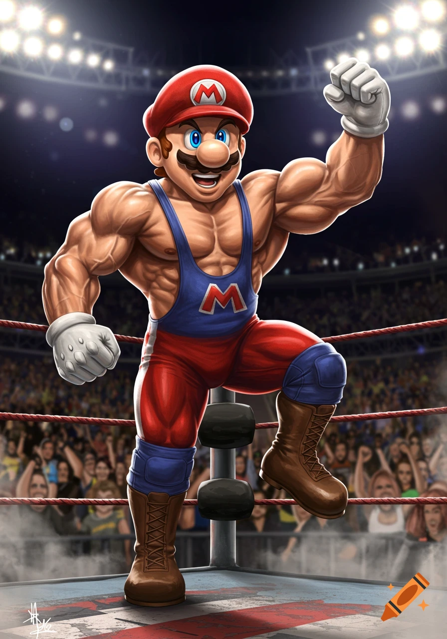 Muscular Mario in a red and blue wrestling singlet and cap, posing with a raised fist in a wrestling ring. Illustrated style.