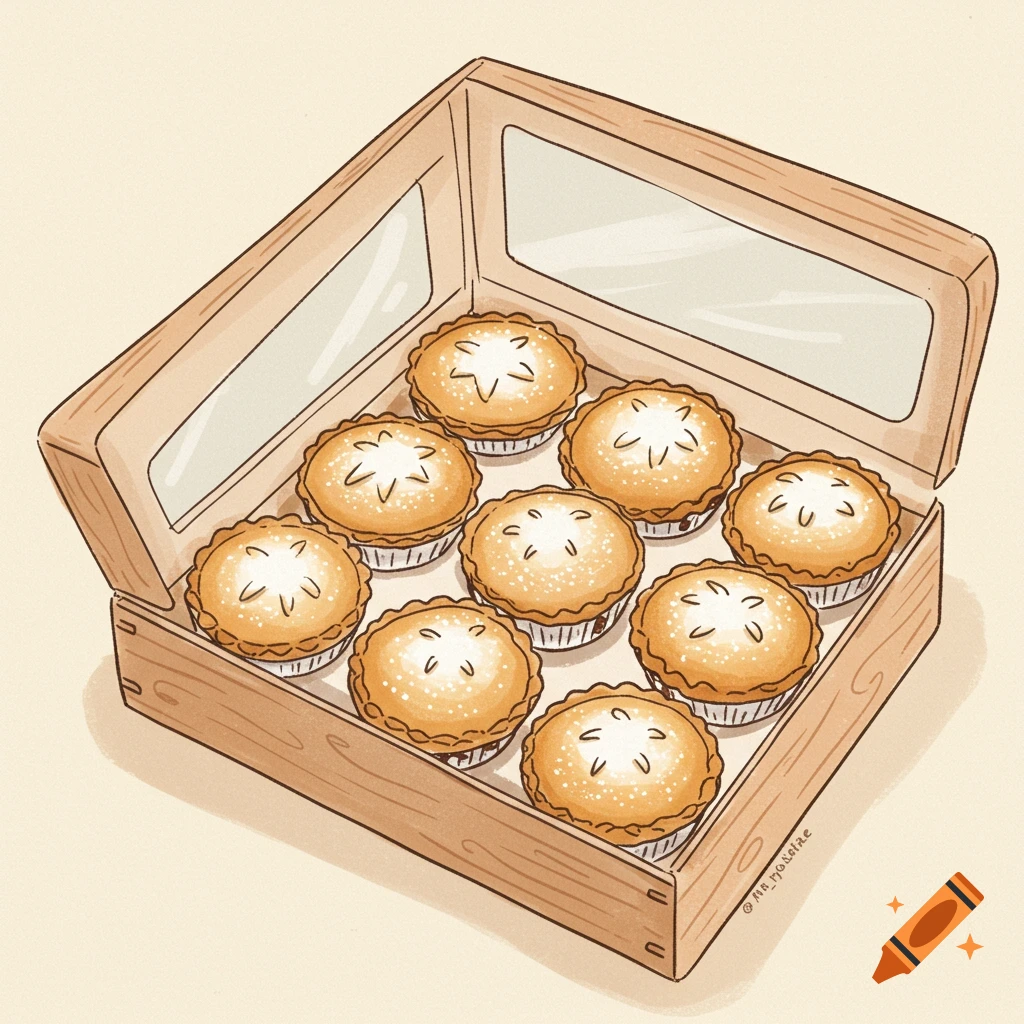 A hand-drawn illustration of nine small mince pies in a wooden box with a clear lid, seen from above.