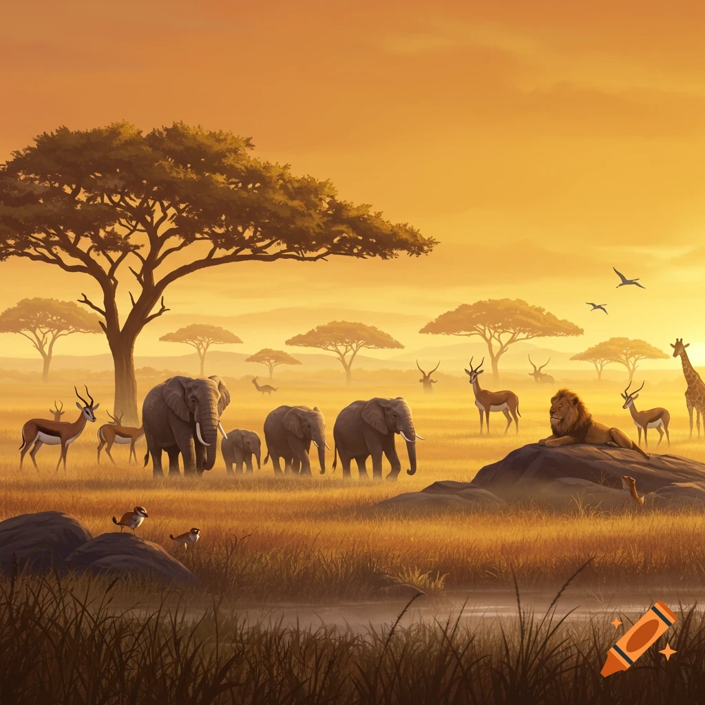 A vibrant safari landscape at sunset, with elephants, antelopes, a lion, and a giraffe on a grassy savanna.