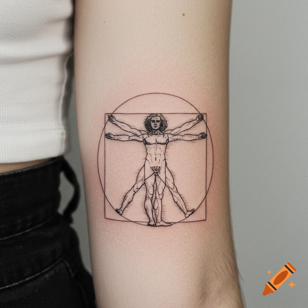 A small, finely detailed tattoo of Leonardo da Vinci's Vitruvian Man drawing on a person's arm.