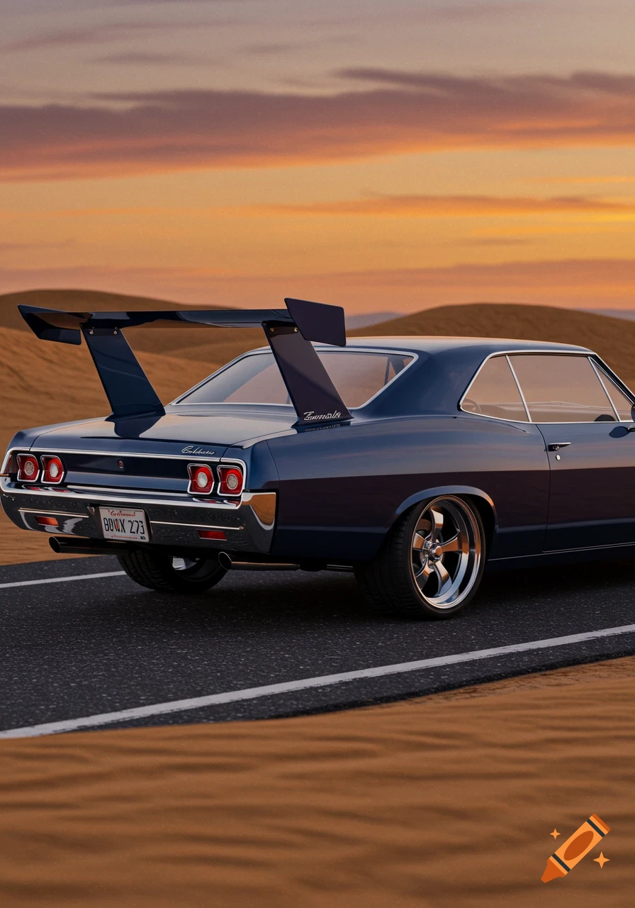 A blue classic car with a large wing spoiler parked on a desert road at sunset, photorealistic.